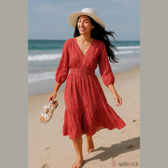 Max Studio Dresses & Skirts - NWT Max Studio Red Floral Smocked Midi Dress Cottagecore Boho Comfy Flowy XL
